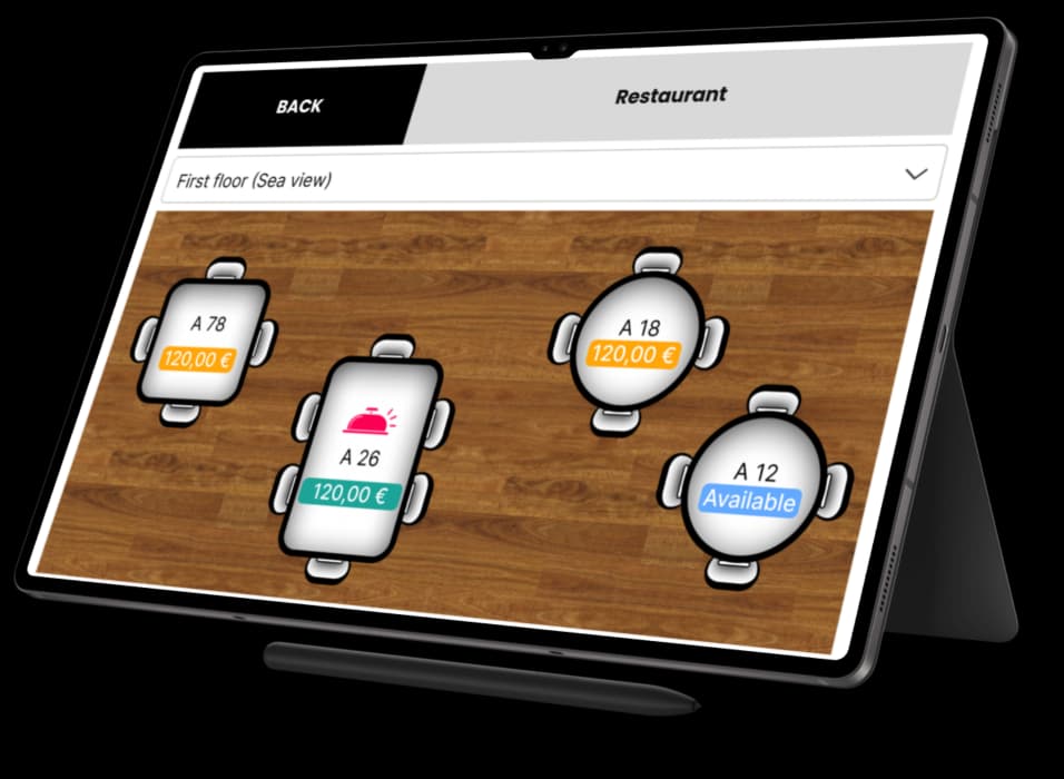 Delivando Tischverwaltungssystem auf Tablet mit Grundrissansicht