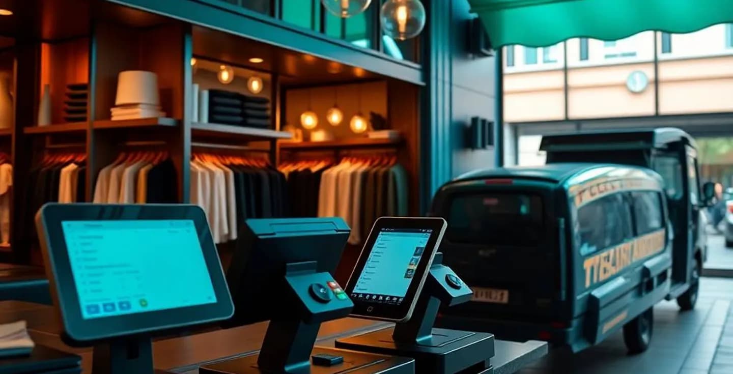 Delivando POS-Terminals und ein Lieferwagen, die die Verbindung zwischen Einzelhandel und Lieferservices symbolisieren.